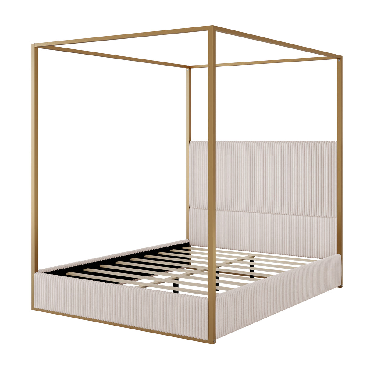 Plush Corduroy Tall Headboard Gold Canopy Bed Frame
