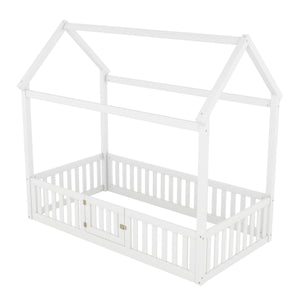 Wood House Bed With Fence And Door