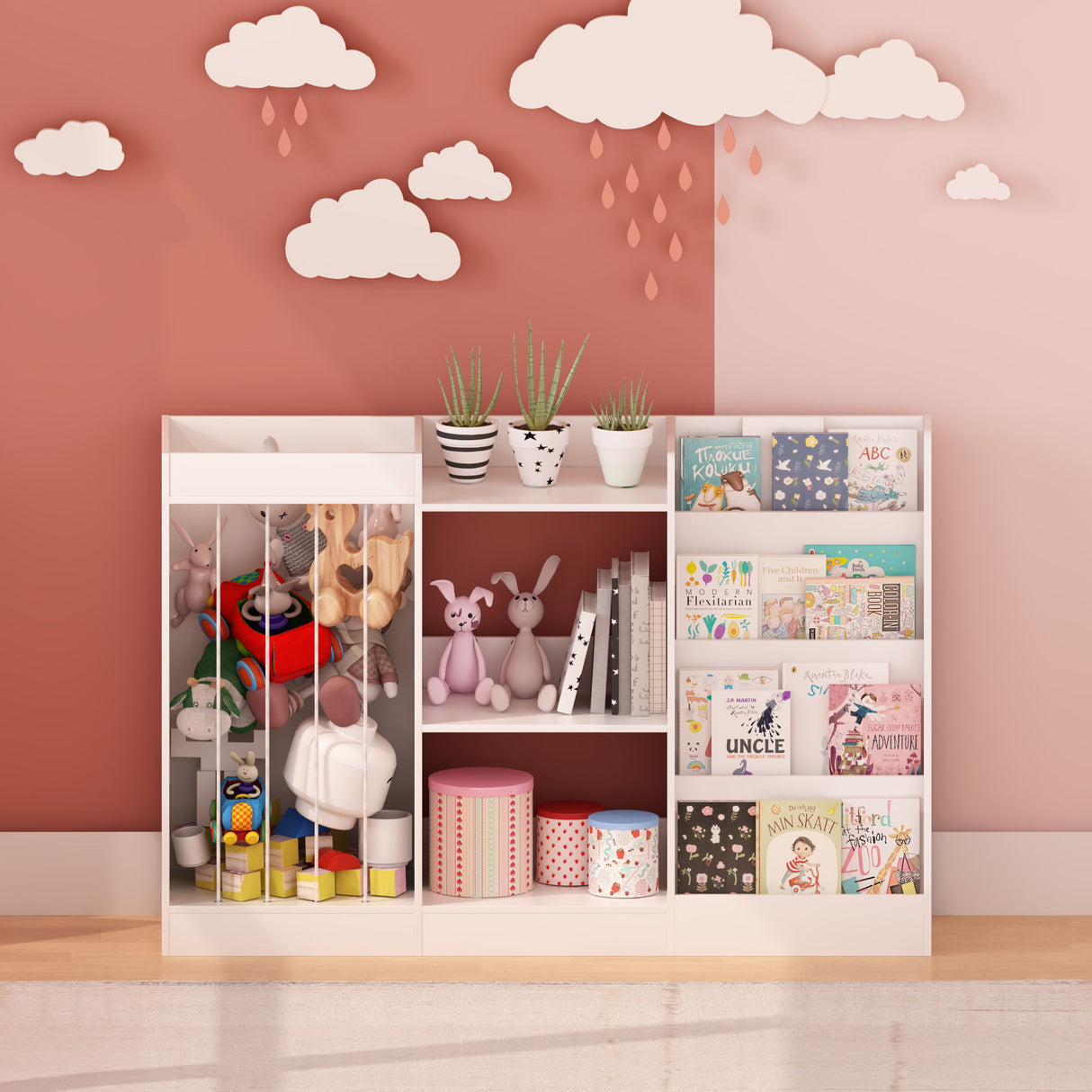 Bookshelf And Toy Storage, 3 Tier Montessori Bookcase With Stuffed Animal Organizer - White