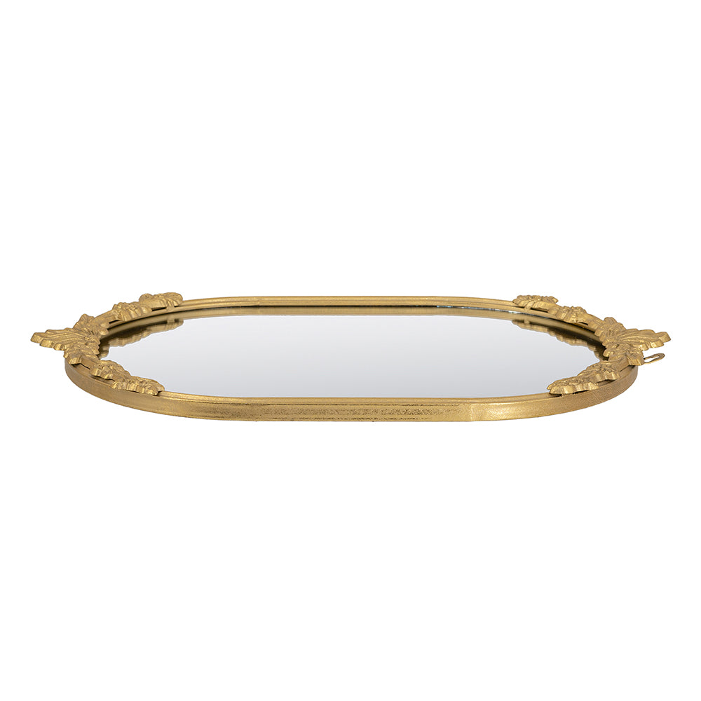 Decorative Mirror Tray with Gold Iron Frame and Floral Accents, 22.7 x 13.6 Inches
