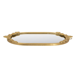 Decorative Mirror Tray with Gold Iron Frame and Floral Accents, 22.7 x 13.6 Inches