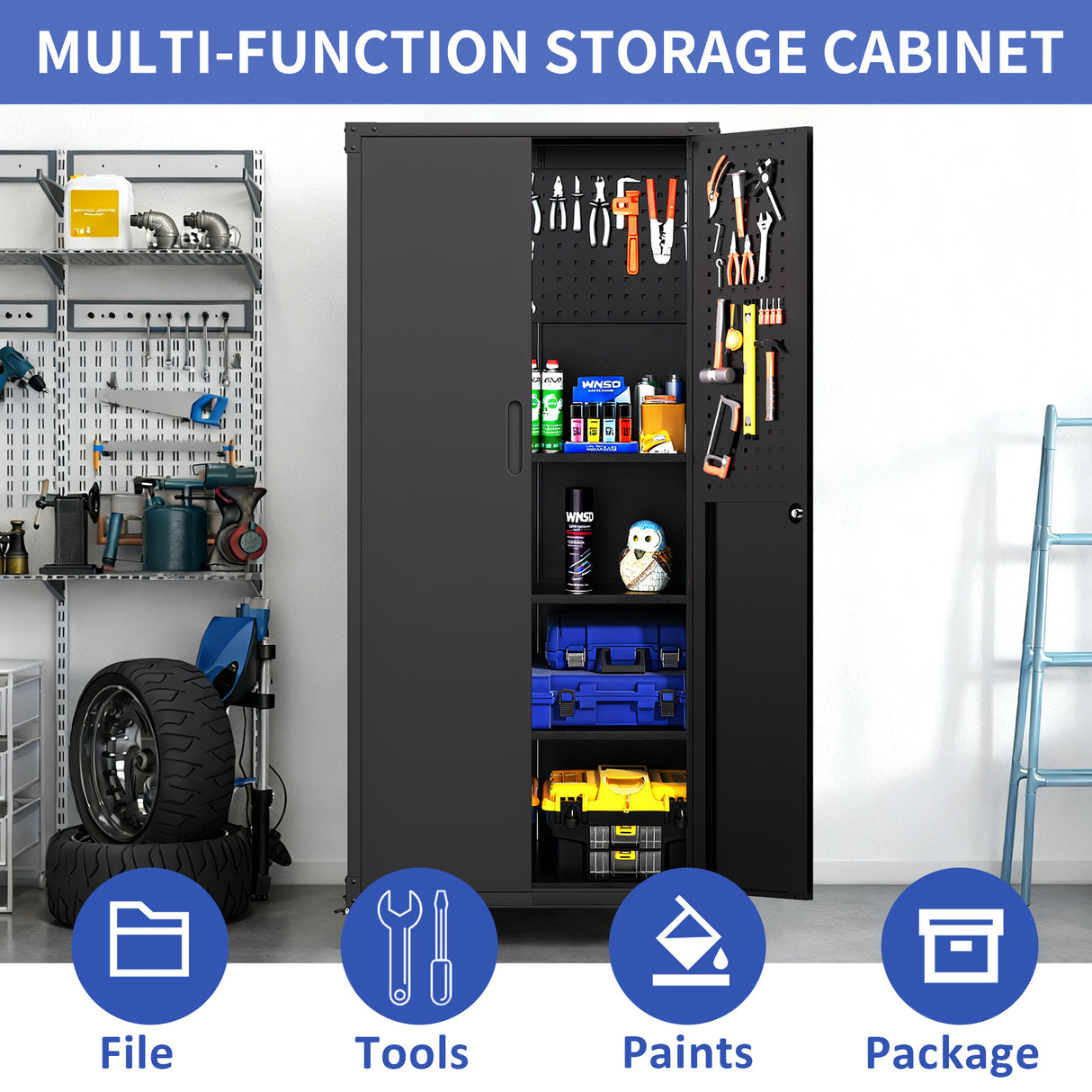 71" All-Black Metal Garage Storage Cabinet with Wheels