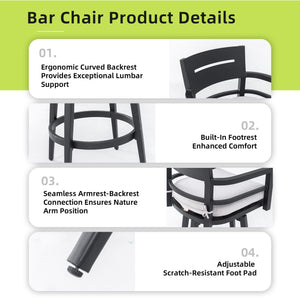 Modern Outdoor Patio Bar Set, Rounded Square Table & Bar Chairs, Non Rust Frame, Tapered Legs, Sunbrella Cushion