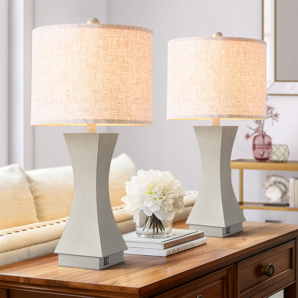 Modern Dimmable Resin Table Lamp with USB Port, 24-Inch, Brown, Set of 2