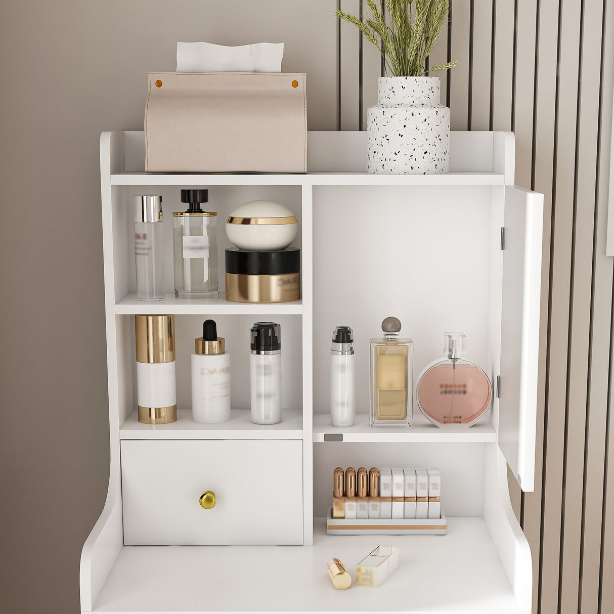 3 In 1 Dressing Table With LED Mirror & Storage Stool, Compact Makeup Vanity - White