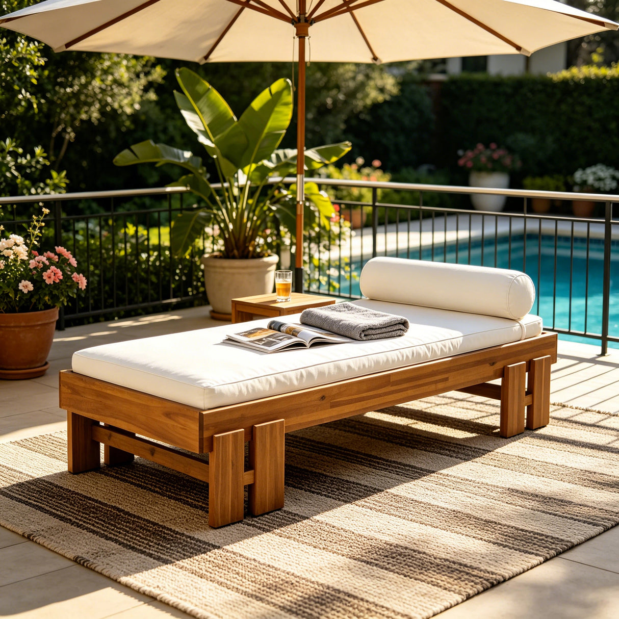 Teak Finish Acacia Wood Daybed with Cream Cushion