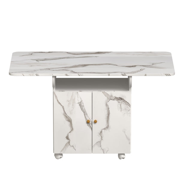 Versatile Marble Folding Dining Table With Storage Rack And Cabinet, 6 Wheels - White