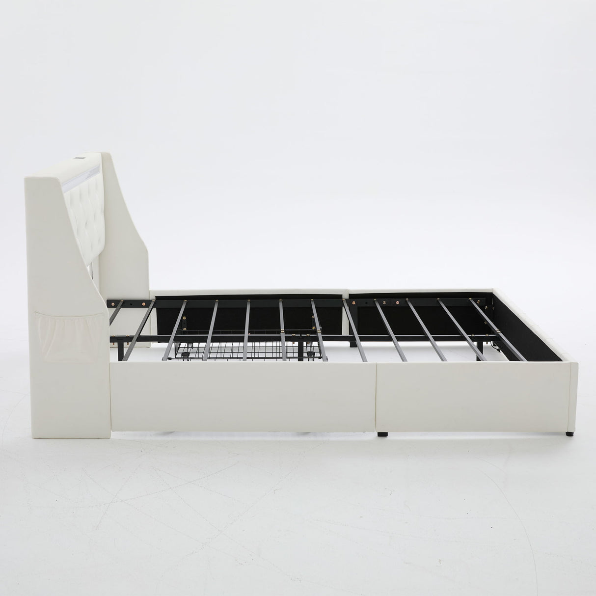 Wingback Upholstered Bed Frame With LED Lights, Charging Station