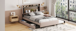 Upholstered Platform Bed With Storage Headboard, Trundle & 2 Drawers And A Set Of Sockets & USB Ports