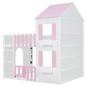 Full over Full House Bunk Bed with Storage - Pink