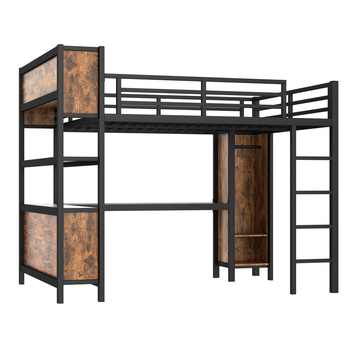Metal Loft Bed with Wardrobe and L-Shaped Desk