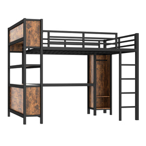 Metal Loft Bed with Wardrobe and L-Shaped Desk