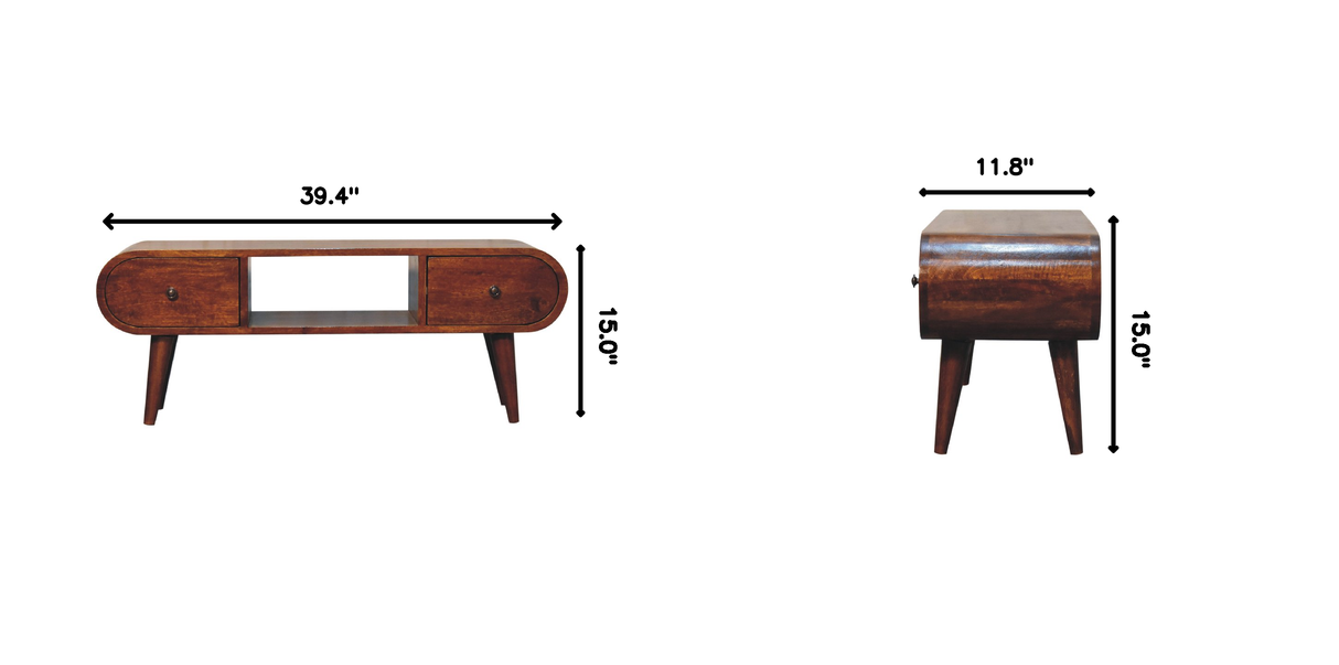 Solid Wood Chestnut Circular TV Unit, Nordic Legs, 2-Drawers, Open Slot