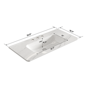 Integrated Carrara White Ceramic Bathroom Sink, 35.85-Inch