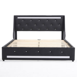 Wingback Upholstered Bed Frame With LED Lights, Charging Station