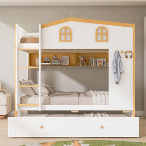 Bunk Bed With House Shaped Guardrails, Storage Shelves, And Trundle