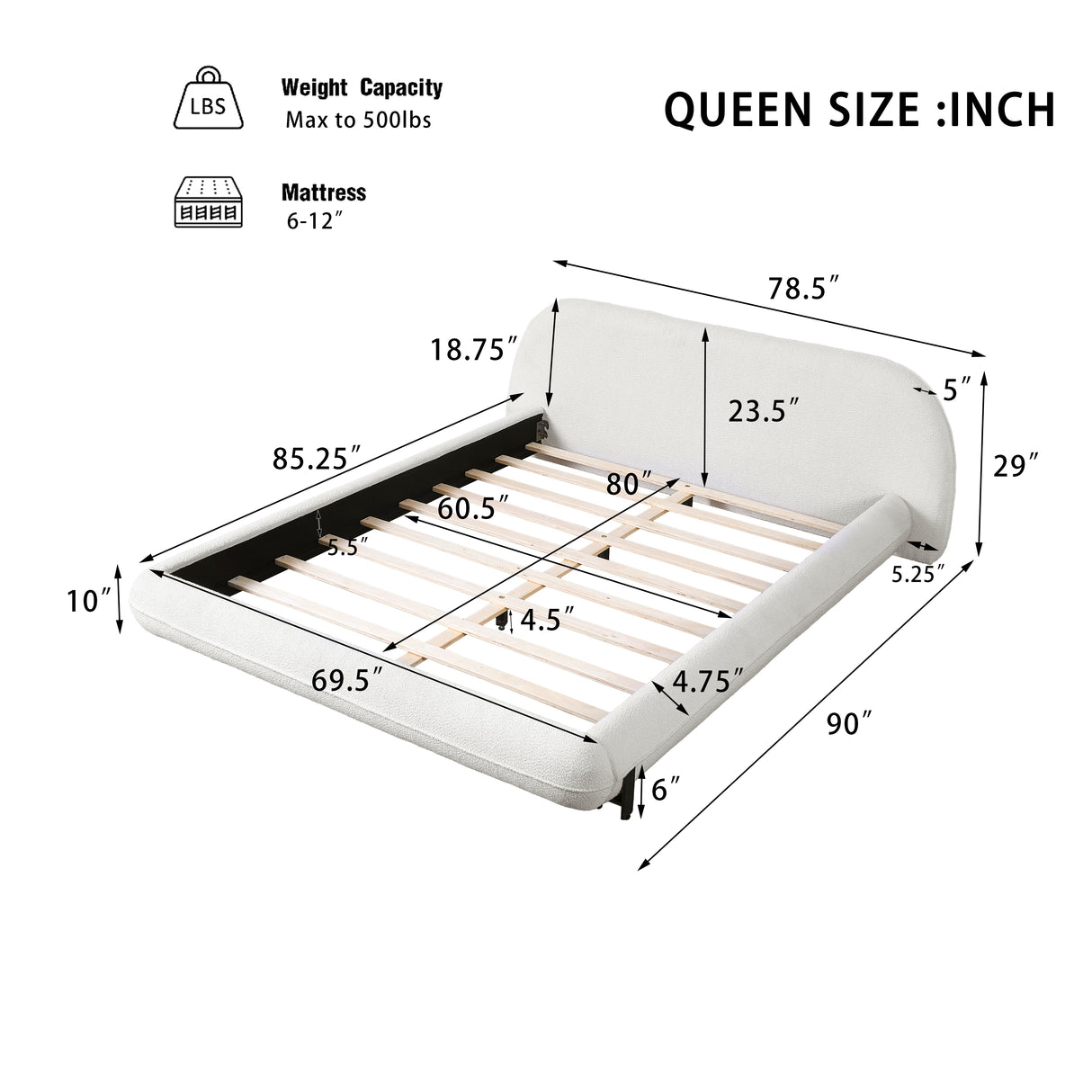 Queen Size Upholstered Bed Frame with Boucle Fabric and Steel Legs