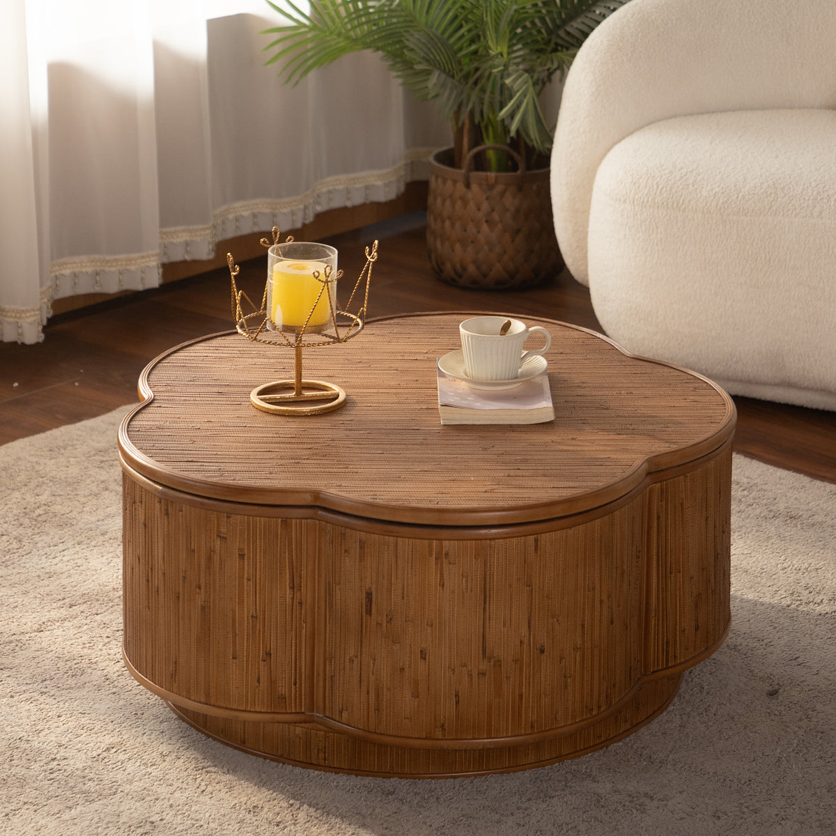 Flower-Shaped Rattan Coffee Table with Storage