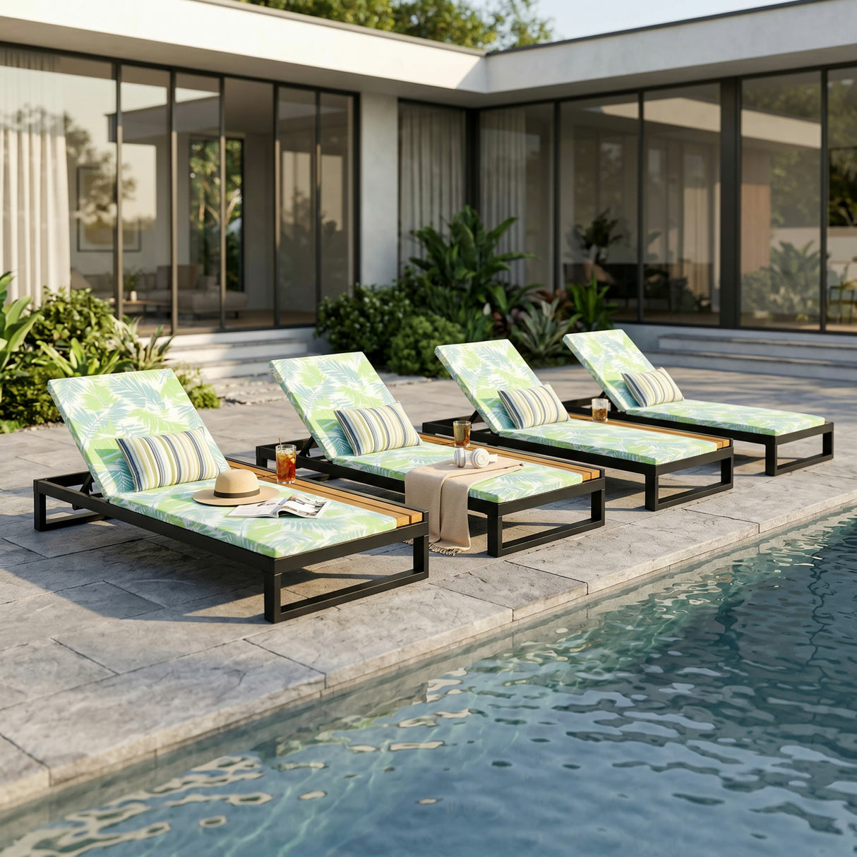 Black Iron & Teak Finish Chaise Lounge Set