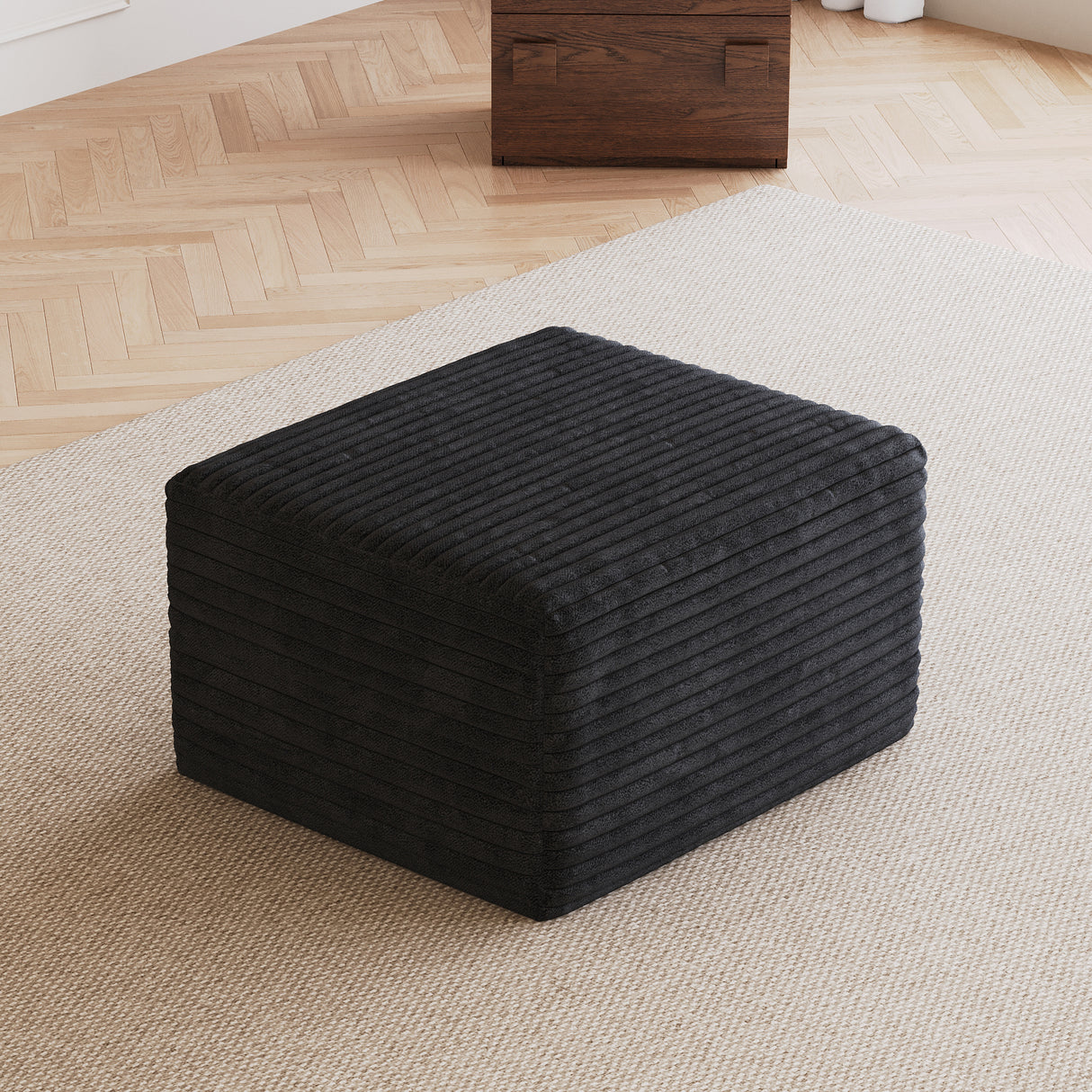 Black Plush Corduroy Sofa Ottoman - No Assembly Required