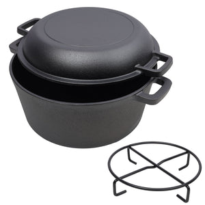 2 In 1 Pre-Seasoned Cast Iron Dutch Oven With Dual Handles, 5 Quart - Black