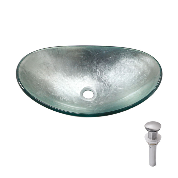 Tempered Glass Vessel Sink with Pop-Up Drain - Pearl Silver, Light Blue, or Gold