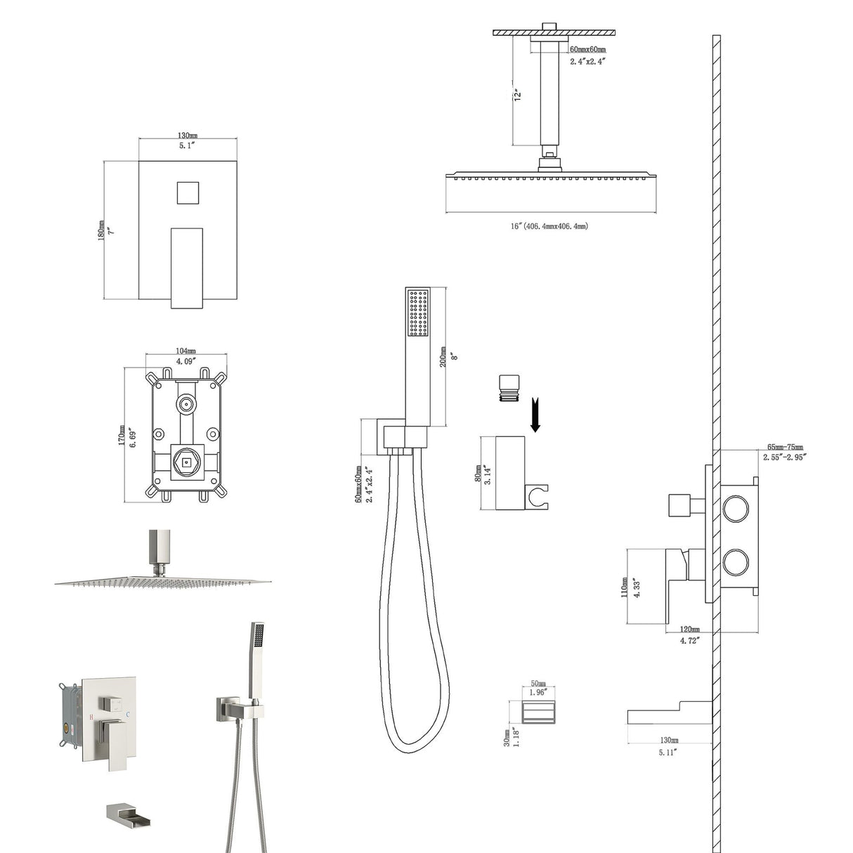16" Ceiling Mount Square Shower System With Waterfall Tub Spout And Rough In Valve