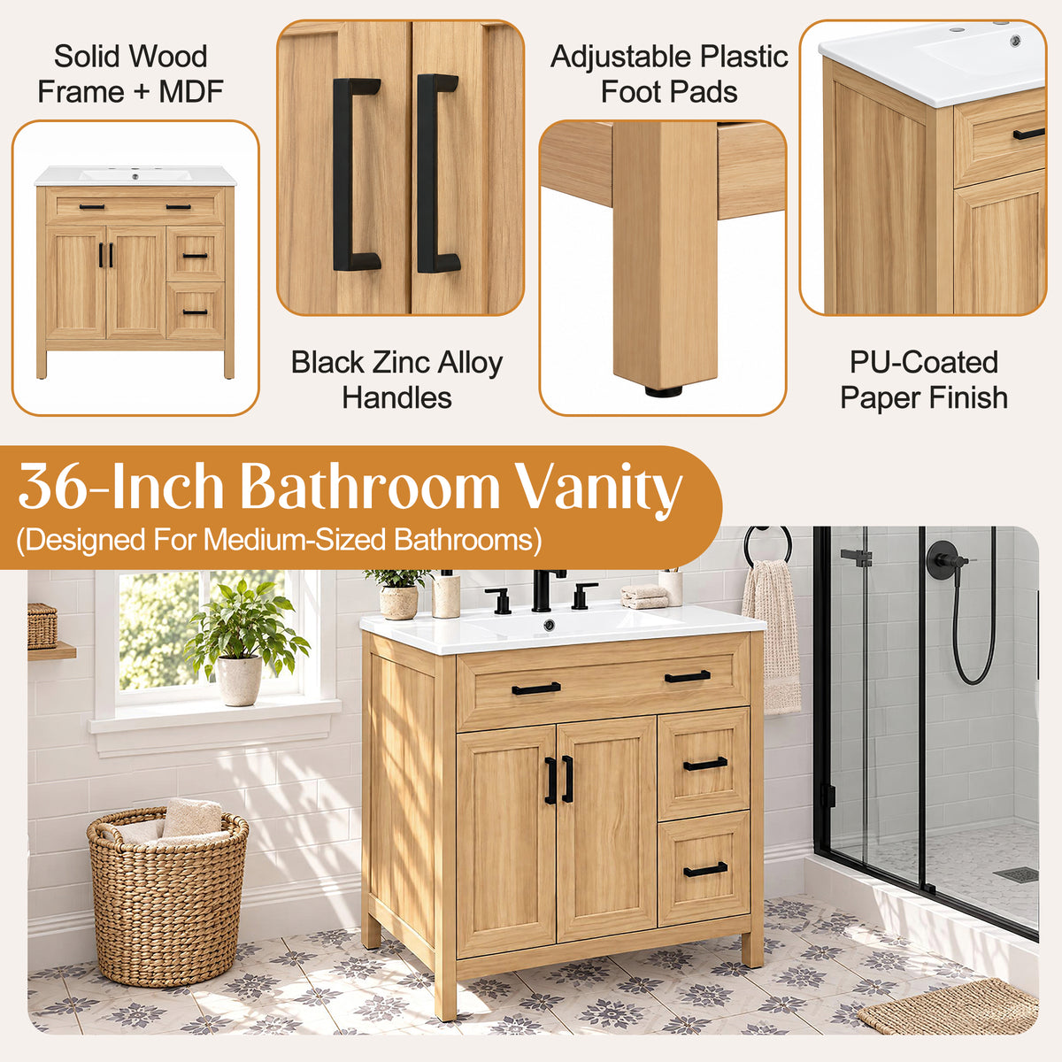 36-Inch Bathroom Vanity with Ceramic Sink, Soft-Close Doors and Drawers