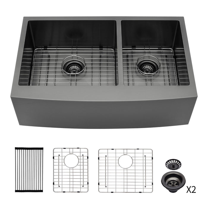 Black Double Bowl Farmhouse Sink with Soundproofing - Stainless Steel