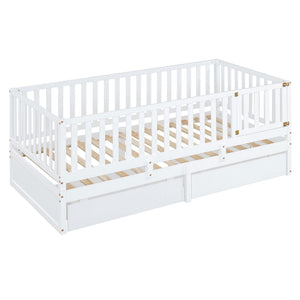 Daybed With Fence Guardrails And 2 Drawers, Split Into Independent Floor Bed & Daybed