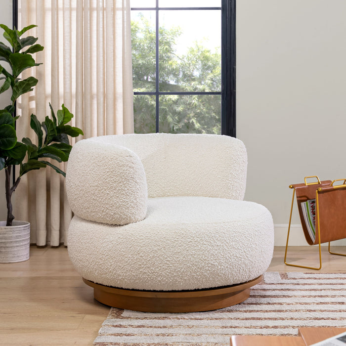 Ivory White Swivel Low Barrel Back Accent Chair with 360-Degree Movement