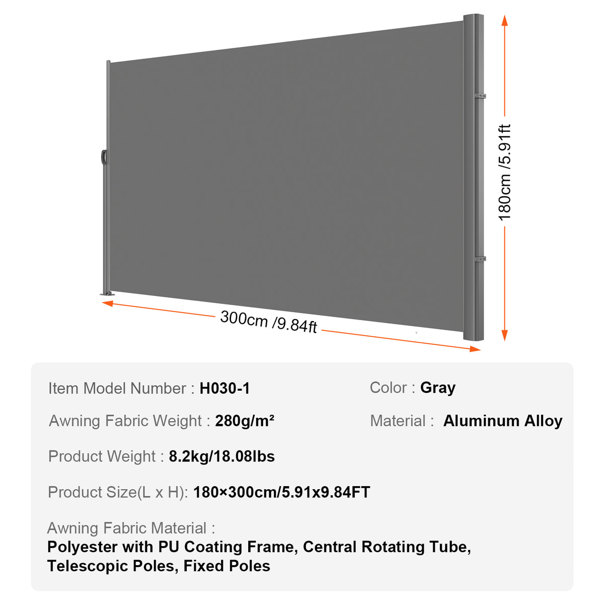 Retractable Side Awning, 71''-118'' Full Aluminum Rust-Proof Outdoor Privacy Screen