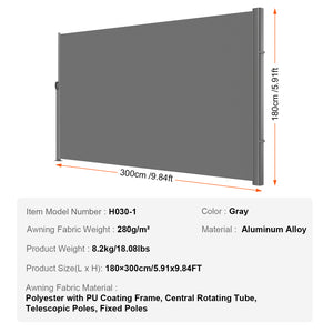 Retractable Side Awning, 71''-118'' Full Aluminum Rust-Proof Outdoor Privacy Screen