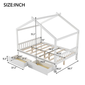 House Style Platform Bed With Headboard, Footboard, 2 Drawers, And Roof Design