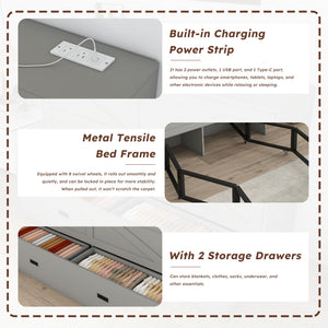 Full Murphy Bed With Storage Drawers, Charging Station, Foldable Panels, And Silent Swivel Wheels