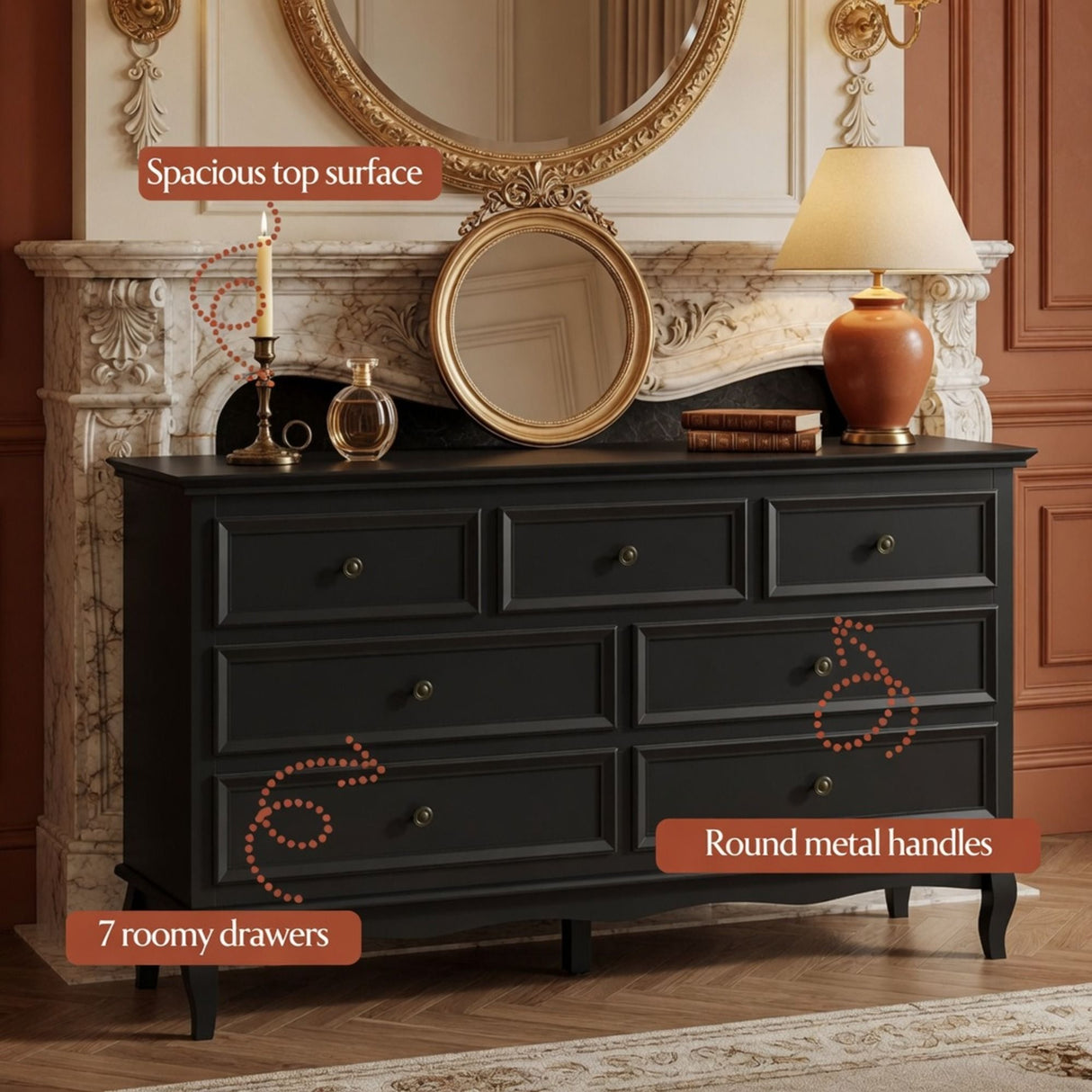 7 Drawer Dresser, Storage Chest - Black