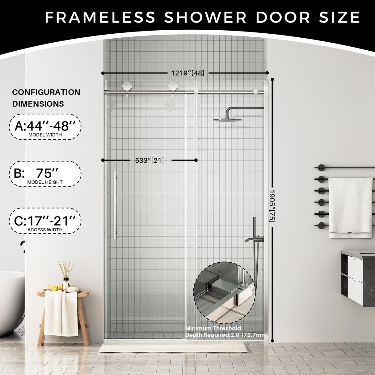 Frameless Sliding Shower Door, 44-48 in W x 75 in H