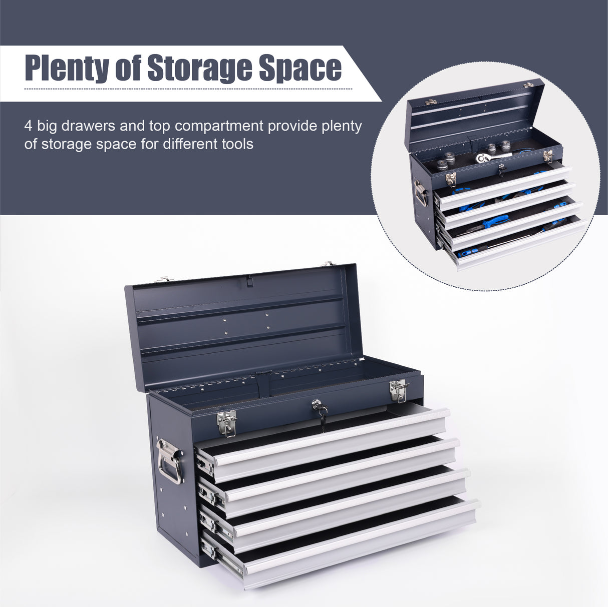 Heavy Duty Metal Tool Box, 21-inch with 4 Drawers