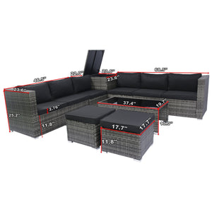 8 Piece Patio Sectional Wicker Rattan Outdoor Furniture Sof Set With One Storage Box Under Seat And Cushion Box - Gray / Black