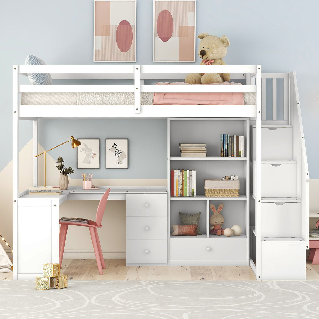 Loft Bed With L Shaped Desk, Drawers, Cabinet, And Storage Staircase