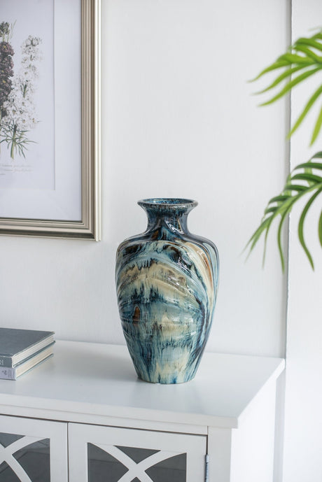 D8.7x15.5' Blue and Brown Reactive Glazed Vase