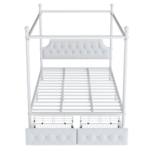 Queen Size Canopy Platform Bed With Upholstered Headboard And 2 Storage Drawers - White