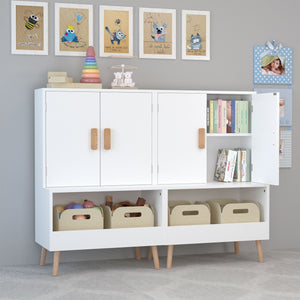 Toy Storage Cabinet With Doors And Open Shelf, Toddler Bookshelf For Playroom - White