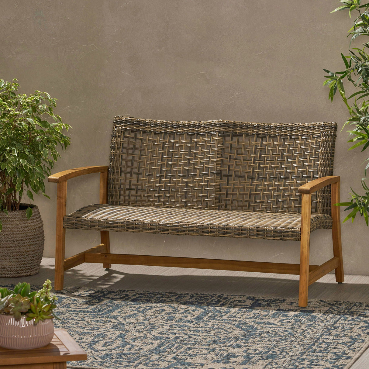 Outdoor Rattan Loveseat With Wooden Legs - Brown - Best Buy Furniture