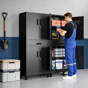 Metal Storage Cabinet with Drawer, Locking Doors, and Rolling Wheels
