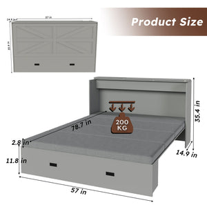 Murphy Bed With Storage Drawers And Charging Cabinet, Foldable Panels, Swivel Wheels