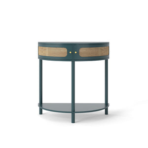 Boho Rattan Semi Circle End Table With Sliding Rattan Door, Storage And Bottom Shelf