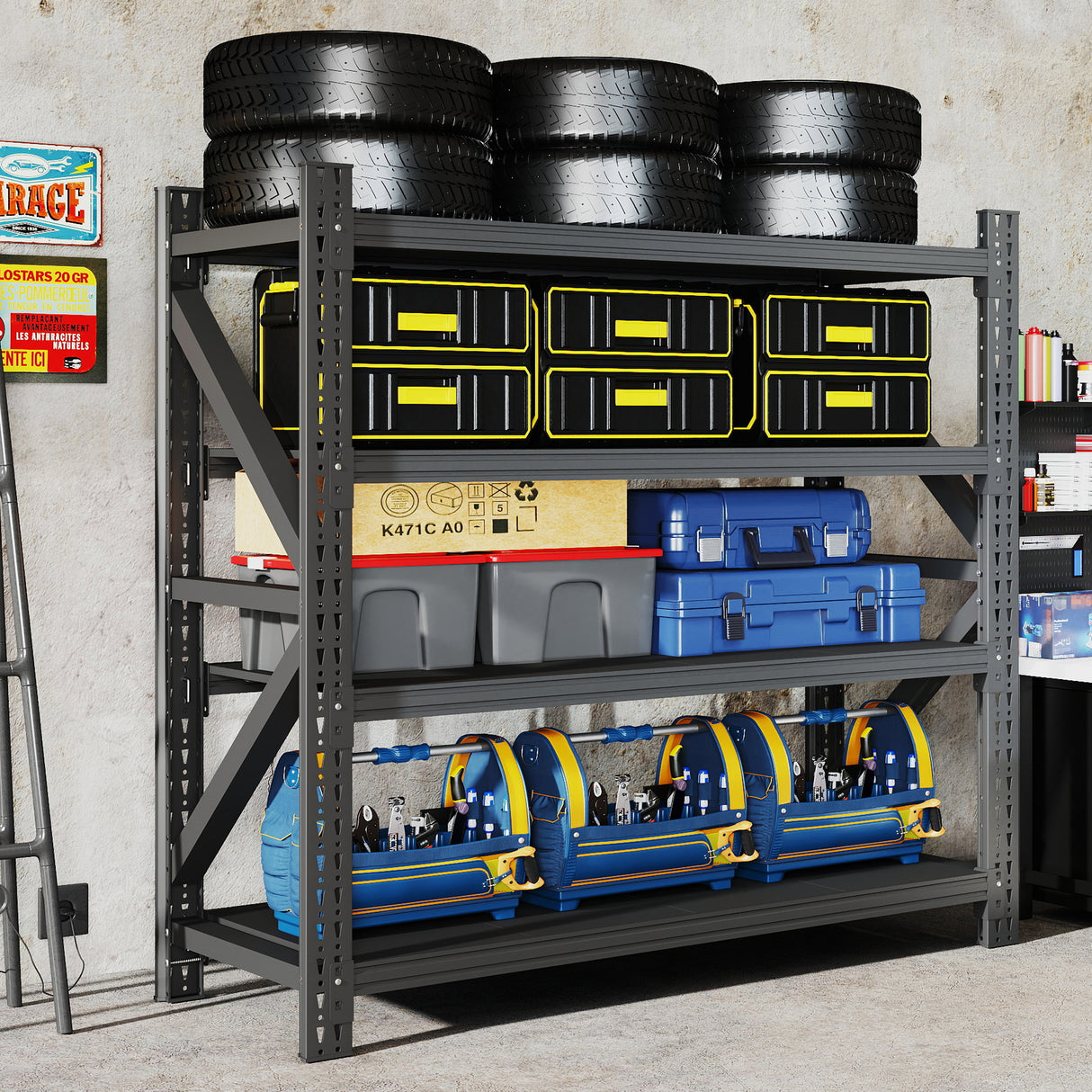 5000 lbs Heavy Duty Garage Shelving, 4-Shelf Adjustable Metal Storage Unit (63"H x 67"W x 23.7"D) 5000LBS Capacity Industrial Shelving for Warehouse