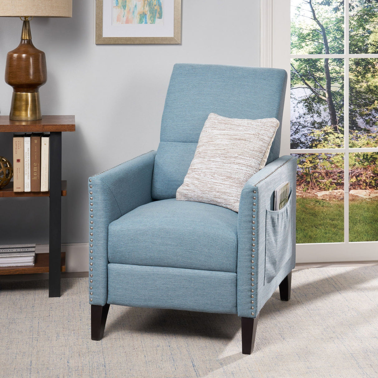 Repose Upholstered Recliner Chair With Nailhead Trim And Side Pocket - Light Blue - Best Buy Furniture