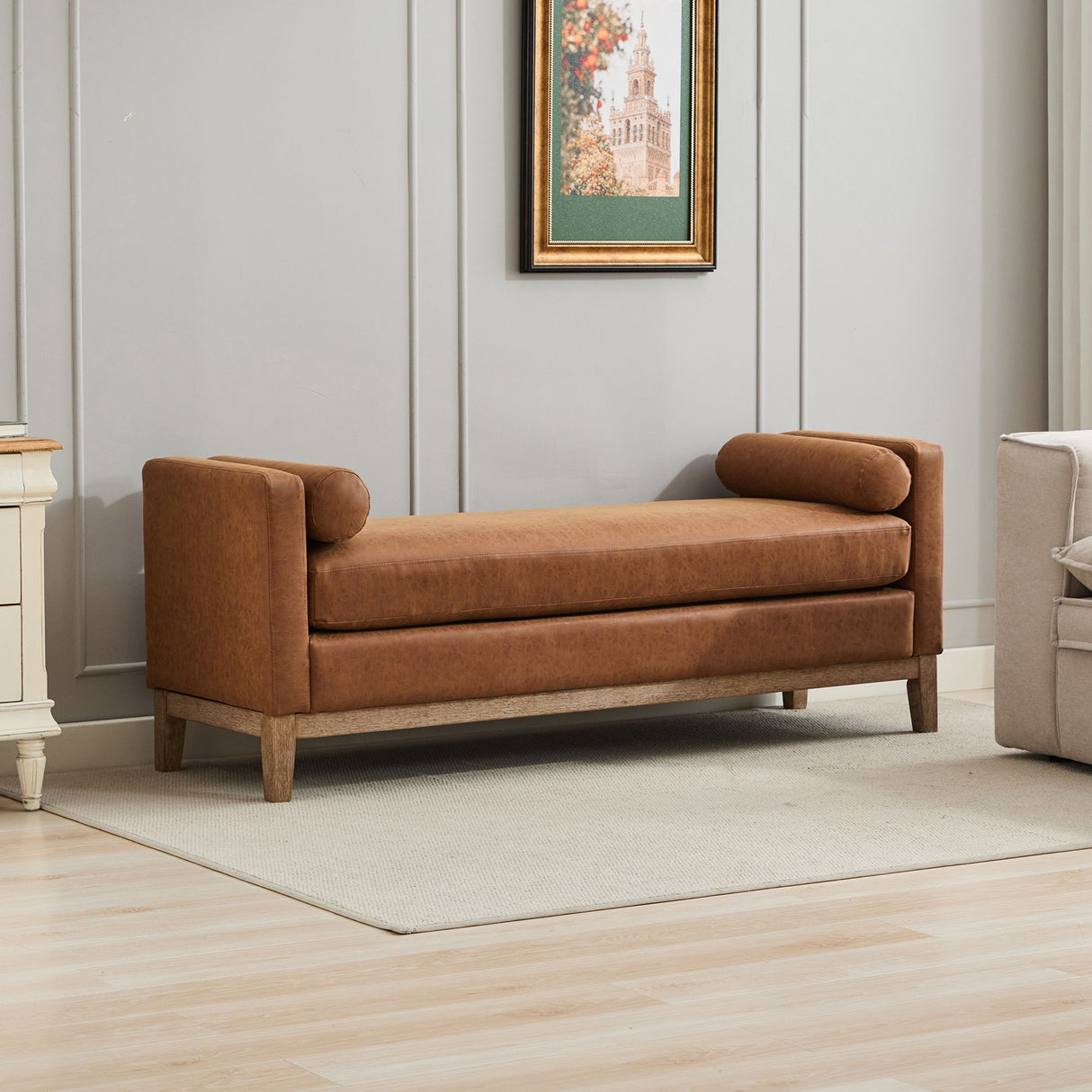 Elegant Upholstered Bench Daybed Ottoman With Bolster Pillows